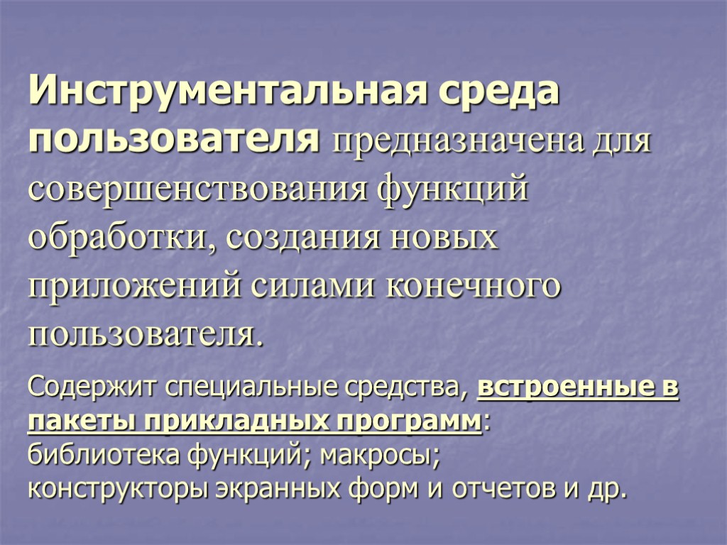 Инструментальная среда пользователя предназначена для совершенствования функций обработки, создания новых приложений силами конечного пользователя.